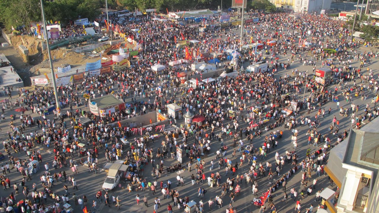 A view of the crowds of protesters and visitors in Taksim Square last Saturday. Protests erupted in Istanbul's Taksim Square over a week ago over the city's plans to bulldoze the city's last green space to make way for a shopping mall.