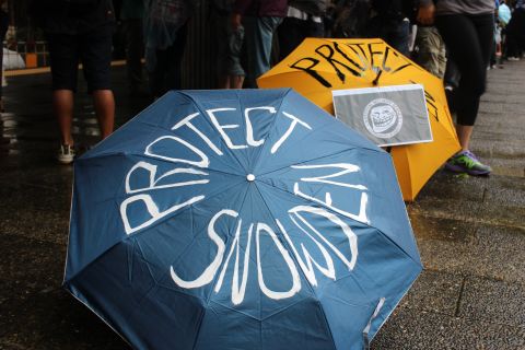 The rain led protesters determined to show their support to prepare laminated placards and umbrellas painted with slogans.  