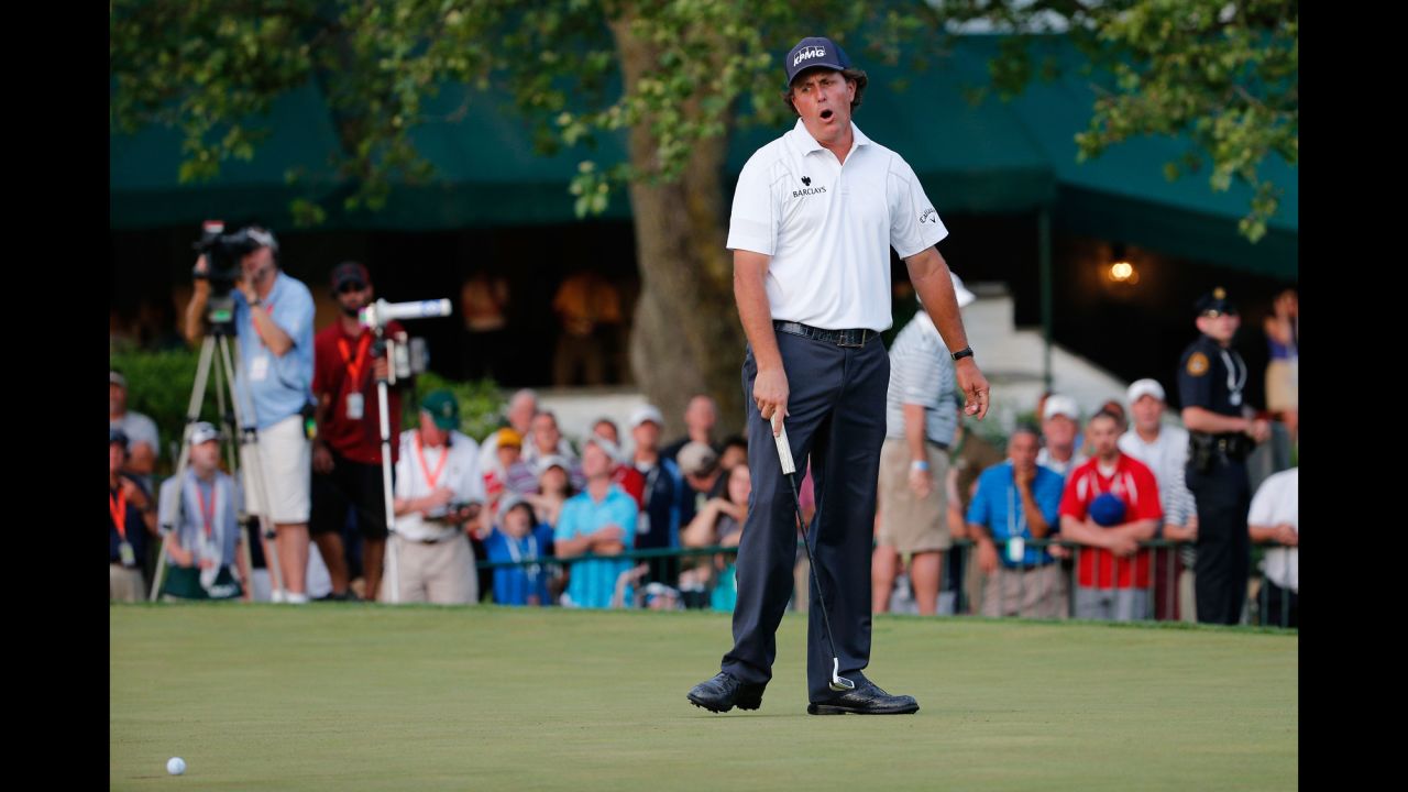 Phil Mickelson reacts on the 18th green  during round three of the 113th U.S. Open at Merion Golf Club on Saturday, June 15, in Ardmore, Pennsylvania. 