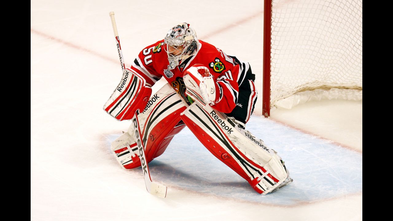 Blackhawks goalie Corey Crawford stands gaurd.