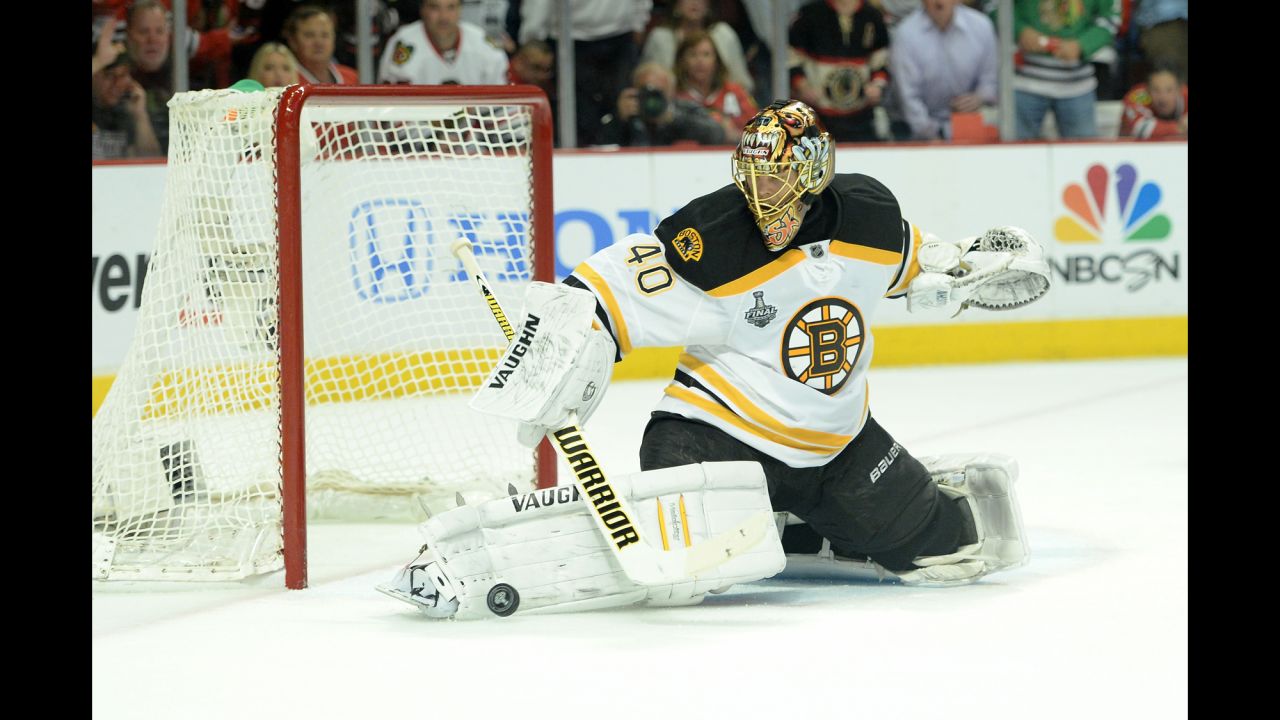 Tuukka Rask of the Boston Bruins makes a save during game two. 
