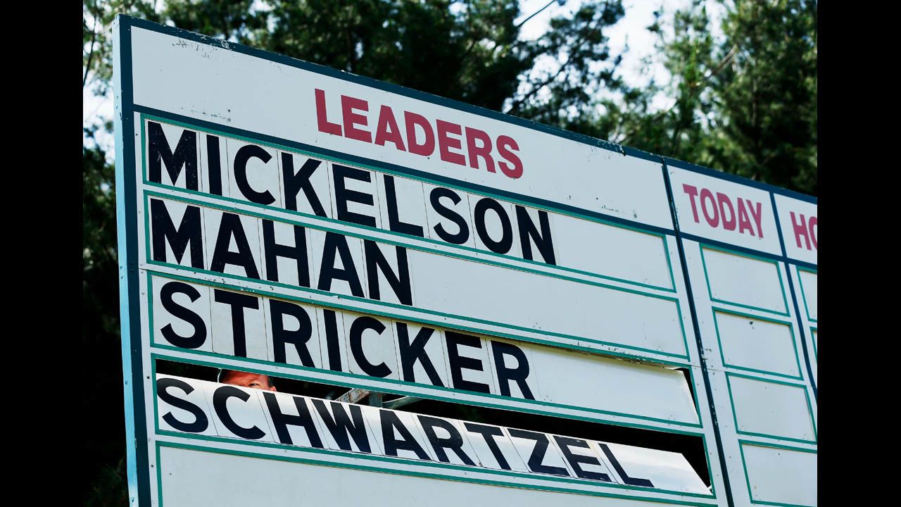 The names of Phil Mickelson of the United States, Hunter Mahan of the United States, Steve Stricker of the United States and Charl Schwartzel of South Africa are seen on a leaderboard during the final round on June 16.
