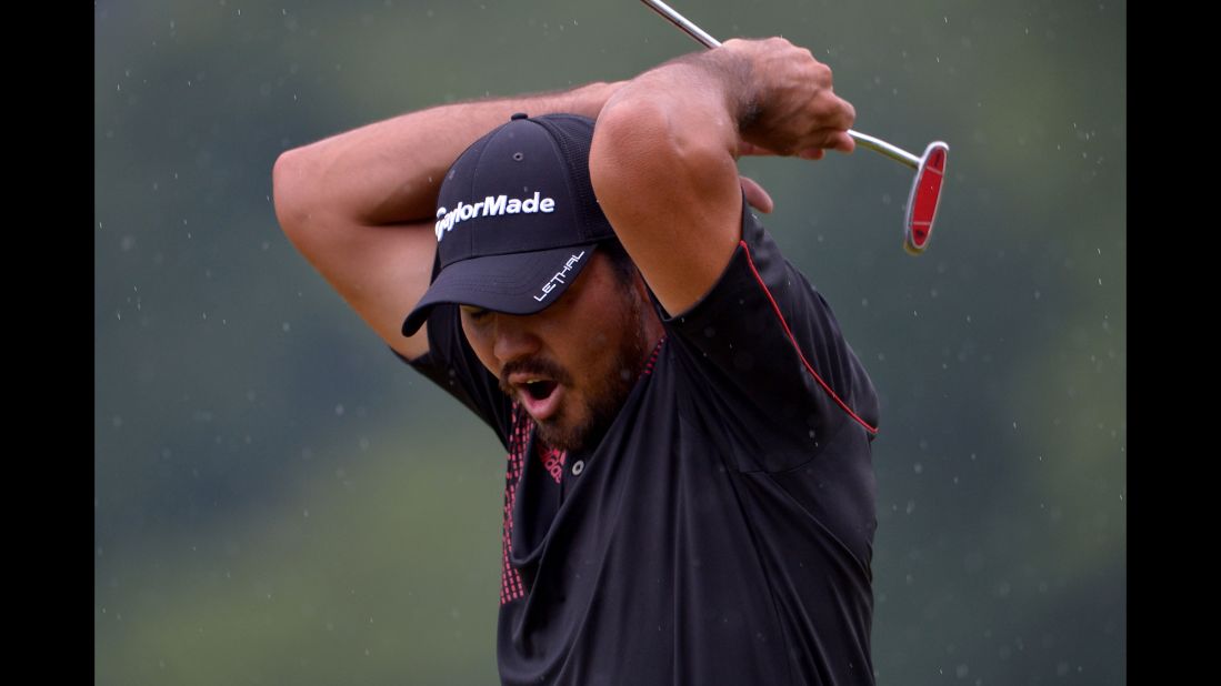 Jason Day reacts to his missed putt for birdie on the 15th hole on June 16. 