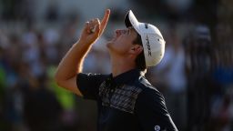 Justin Rose looks skyward apparently in recognition of his deceased father after putting on the 18th hole to win the 113th U.S. Open at Merion Golf Club on June 16, in Ardmore, Pennsylvania.