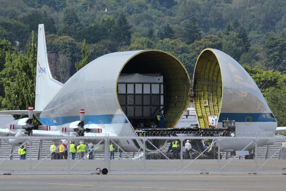 The Super Guppy includes a hinged nose that opens at more than a 200-degree angle. Its cargo hold measures 25 feet high, 25 feet wide and 111 feet long. Maximum payload: more than 26 tons.