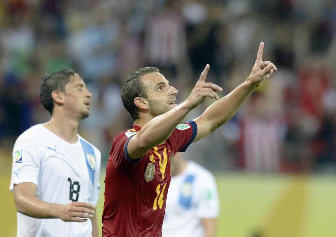 Roberto Soldado celebrates after scoring Spain's second goal in the 2-1 win against Uruguay at the Confederations Cup.