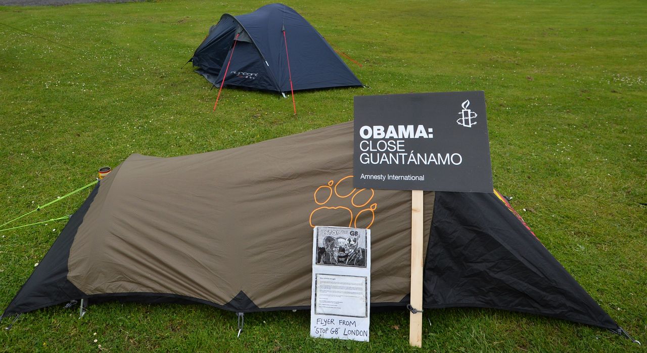 Tents for a small group of anti-G8 protesters are set up on a playing field in Enniskillen on Sunday, June 16.