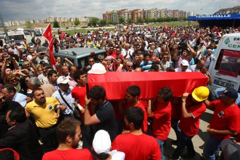 People carry the coffin of Ethem Sarisuluk, who was killed during recent protests in Turkey, on Sunday, June 16, in Ankara. 
