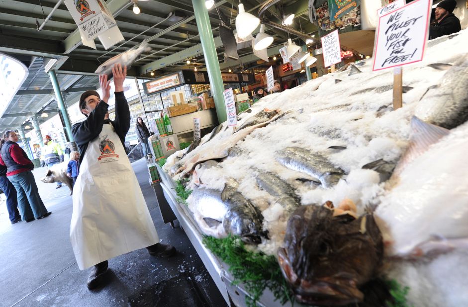 Pike Place Market in Seattle, Washington, is home to more than 200 independent small businesses, including bakeries, flower and butcher shops and casual seafood restaurants. 