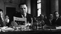 11th August 1958: American labour leader Jimmy Hoffa (1913 - 1975), President of the Teamster's Union, testifying at a hearing into labor rackets. Rumoured to have mafia connections, Hoffa disappeared in 1975 and no body has ever been found. (Photo by Keystone/Getty Images)