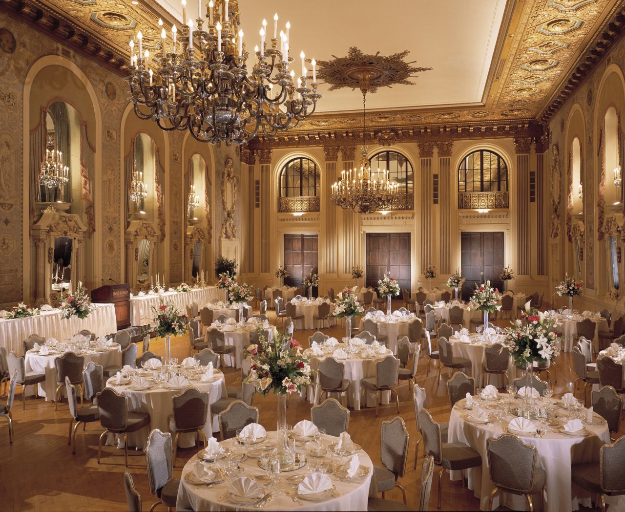 The hotel's elegant Gold Ballroom is used to host today's lavish affairs.