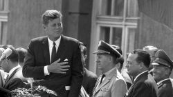 Picture taken on June 26, 1963 shows then US President John F Kennedy giving a speech at the Schoeneberg city hall in Berlin.