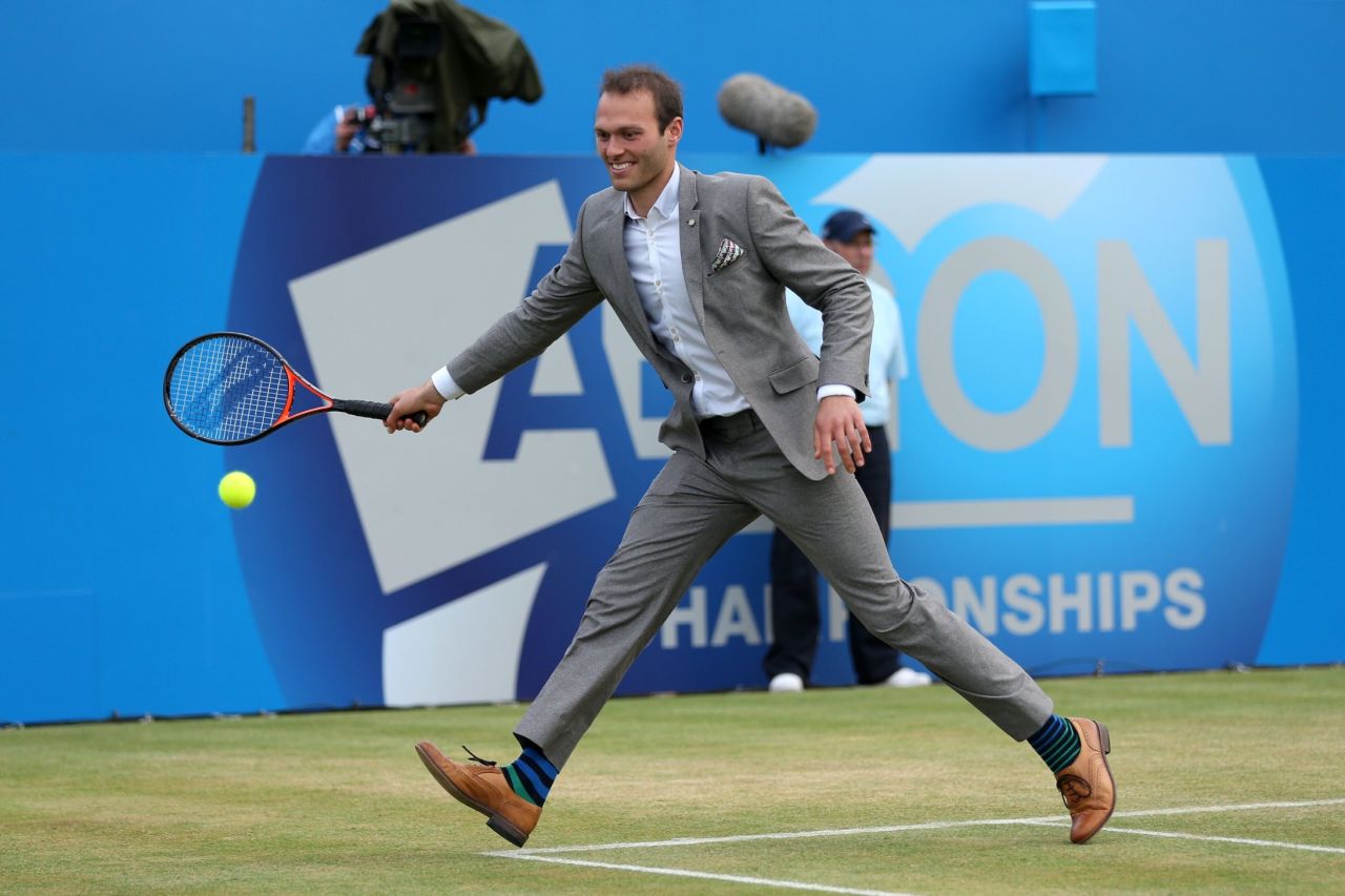 Hutchins took to the court during the Rally Against Cancer charity match at June's AEGON Championships at Queen's Club. 
