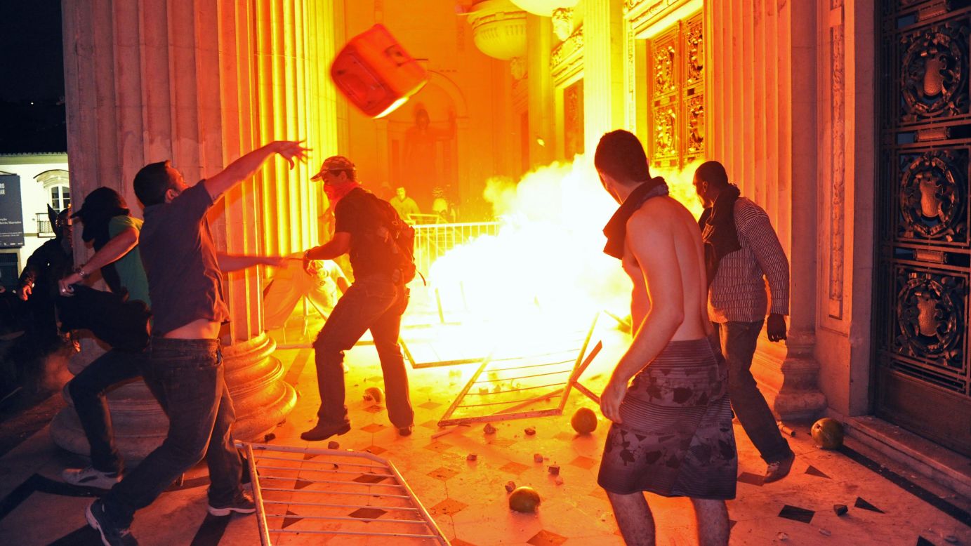 Protesters set a fire outside the Tiradentes Palace in Rio de Janeiro during a protest on June 17.