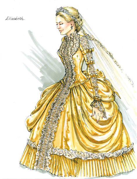 For Anastasia Griffith's character of Elizabeth Haverford, a wedding dress was in order this season. In the 1860s, it was all about the elaborate design and less about the white dress. Besides, Elizabeth has already been married once before, so white wouldn't do. 