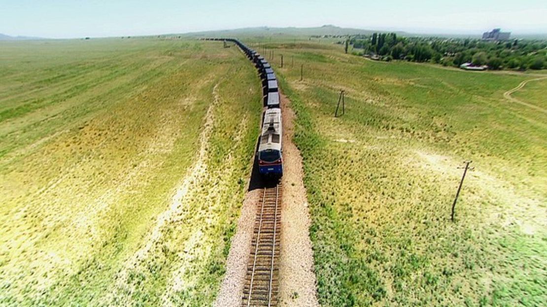 A freight train in rural Kazakhstan