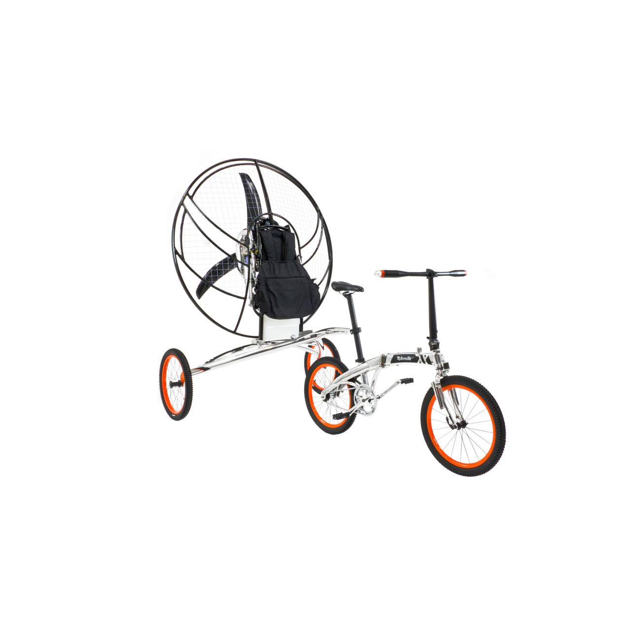 The Paravelo looks like a conventional bike connected to a two-wheeled trailer. Both the airframe and bike are made from aircraft grade aluminum.