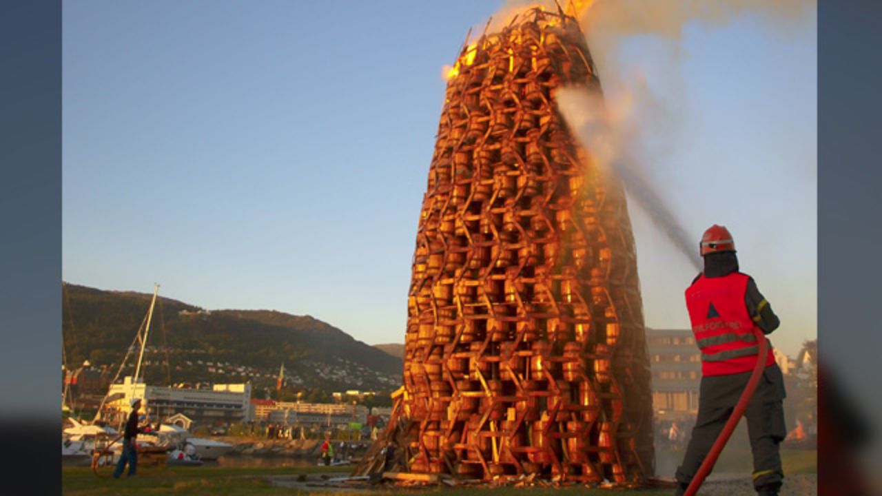 The bonfires are also one of the highlights during Norwegian midsummer, or 'Sankthansaften'. This photo taken by <a href="http://ireport.cnn.com/people/INFERNALelf" target="_blank">Jon-Arne Belsaas</a> in 2009 shows one of the world's largest bonfire made of barrels. He had hurried back to the town of Bergen from his work on a Navy ship to witness it. "I wanted to catch this magnificent sight," he says. 