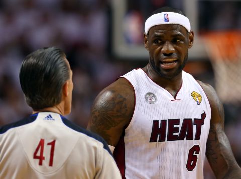 LeBron James of the Miami Heat argues a call with referee Ken Mauer during the game.