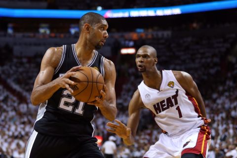 Tim Duncan of the San Antonio Spurs handles the ball against Chris Bosh of the Miami Heat during Game 6.