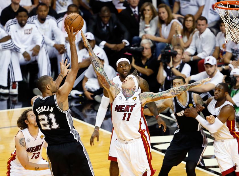Tim Duncan of the San Antonio Spurs shoots over Chris Andersen of the Miami Heat during Game 6.