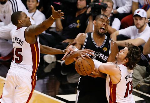 Mike Miller of the Miami Heat tries to strip the ball from Tim Duncan of the San Antonio Spurs.