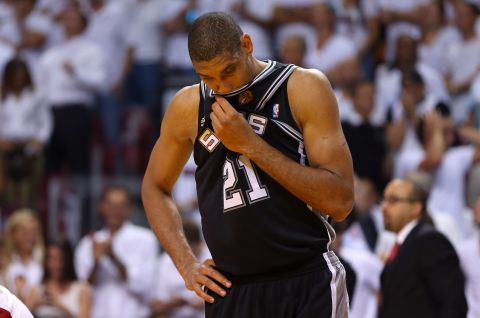 Tim Duncan of the San Antonio Spurs reacts in overtime against the Miami Heat.