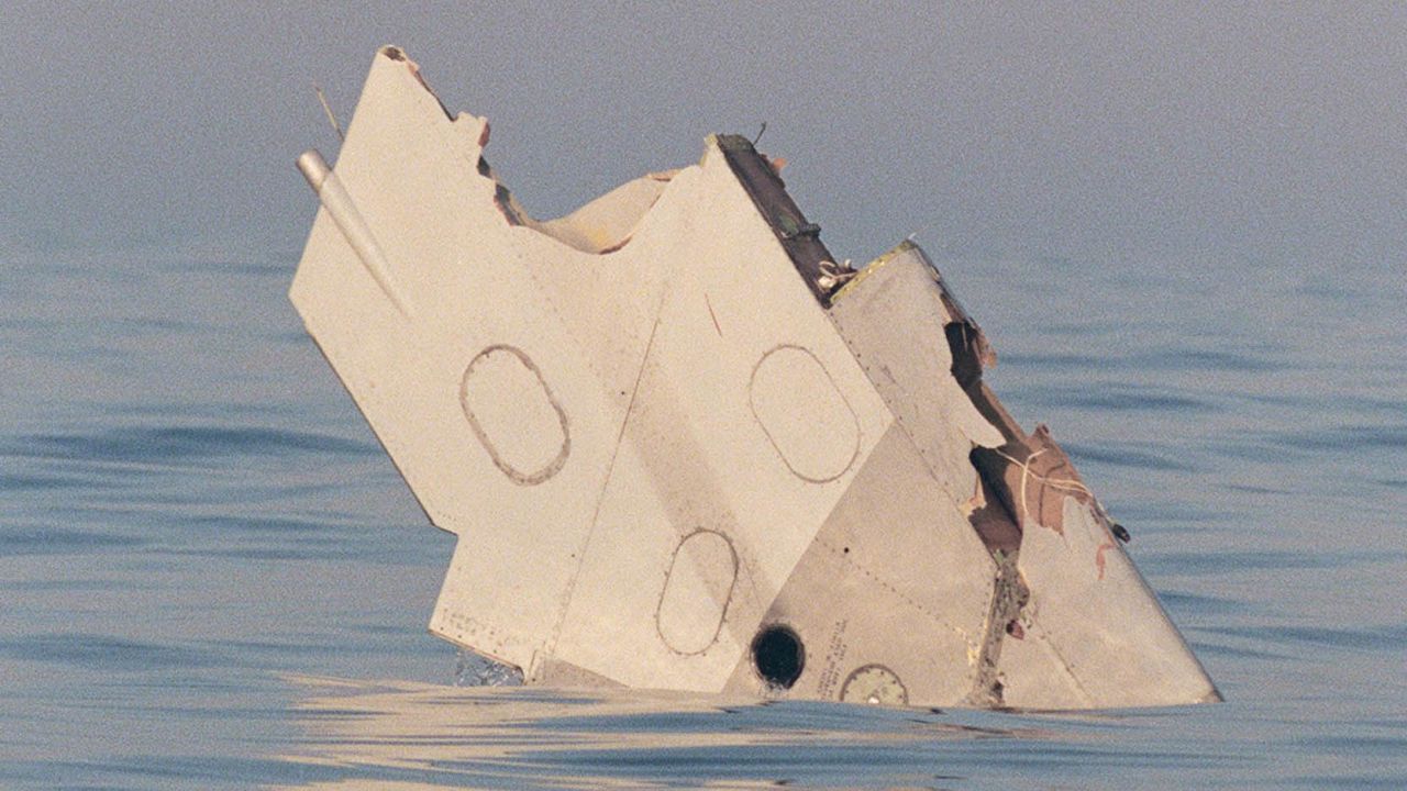 A wing section of TWA Flight 800 floats in the Atlantic Ocean off Long Island, New York, in July 1996.