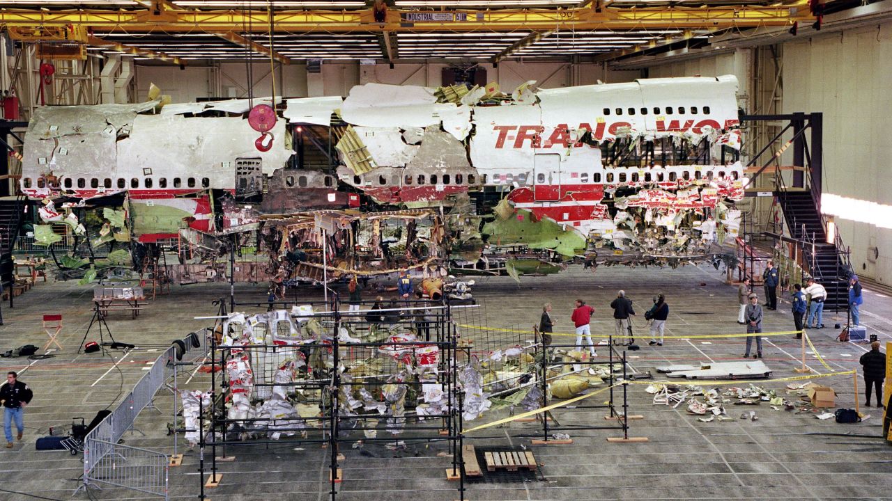 Wreckage of the front portion of the Boeing 747 aircraft is displayed in its reconstructed state on November 19, 1997, in Calverton, Long Island, New York.