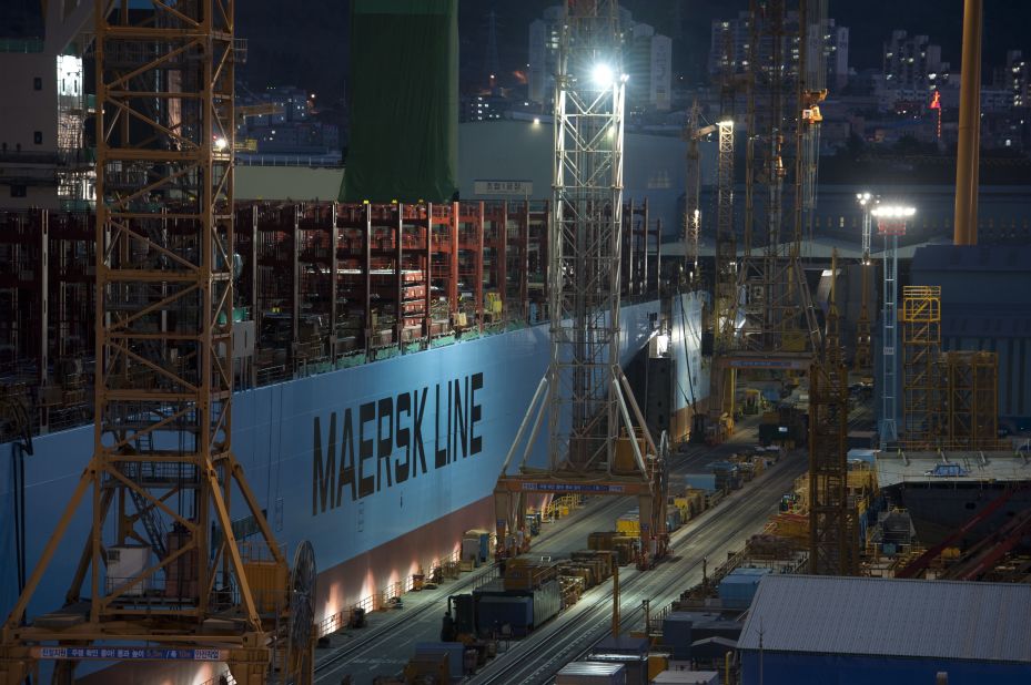 The giant vessel has taken 440 days to build and will have enough space to transport 18,000 TEU containers -- that's enough to move 111 million pairs of sneakers or 182 million iPads in a single voyage.
