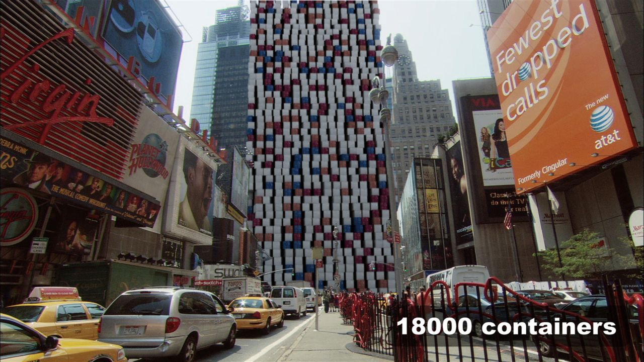 18,000 TEU containers may not mean much to the layman but it's enough to fill New York's Times Square. Or, to put it another way, if these containers were stacked one on top of the other they would reach 47 km into the sky -- Felix Baumgartner only reached 39km (128,100 feet) when jumping from the edge of space.
