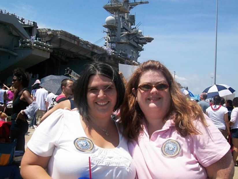 Navy wives Diane Ritchie, left, and Anne Moyer at the USS Dwight D. Eisenhower homecoming in July 2009. Nealy four years later, Ritchie says the photo "reminds me how hard it was for Anne and I to walk from the parking lot to the pier."