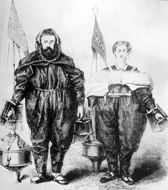 Perhaps this couple, rendered in 1875, was unable to swim, because they are wearing the "ureka" unsinkable bathing outfit that has paddle gloves, a buoy and an emergency flag.
