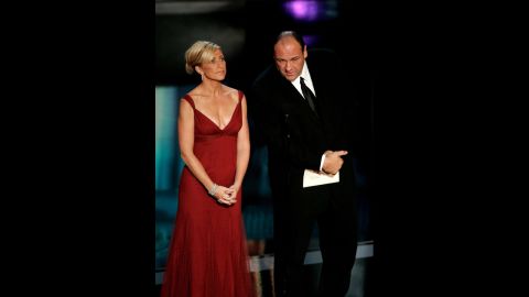 Edie Falco and Gandolfini present the award for outstanding miniseries at the 58th Annual Primetime Emmy Awards in 2006.