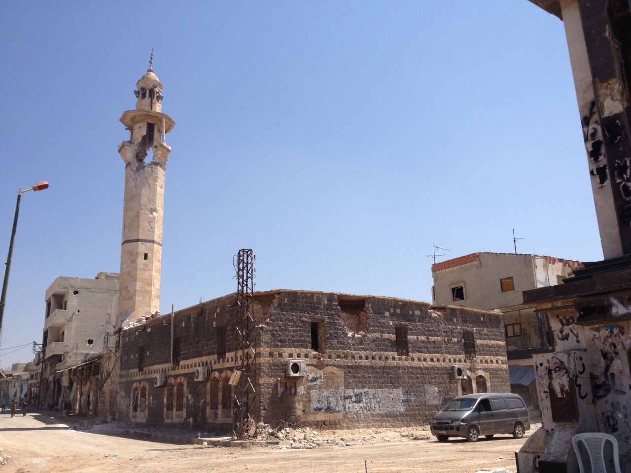 Driving through town, there wasn't a single building left unscathed.  The historic mosque took several direct hits during the fighting. 