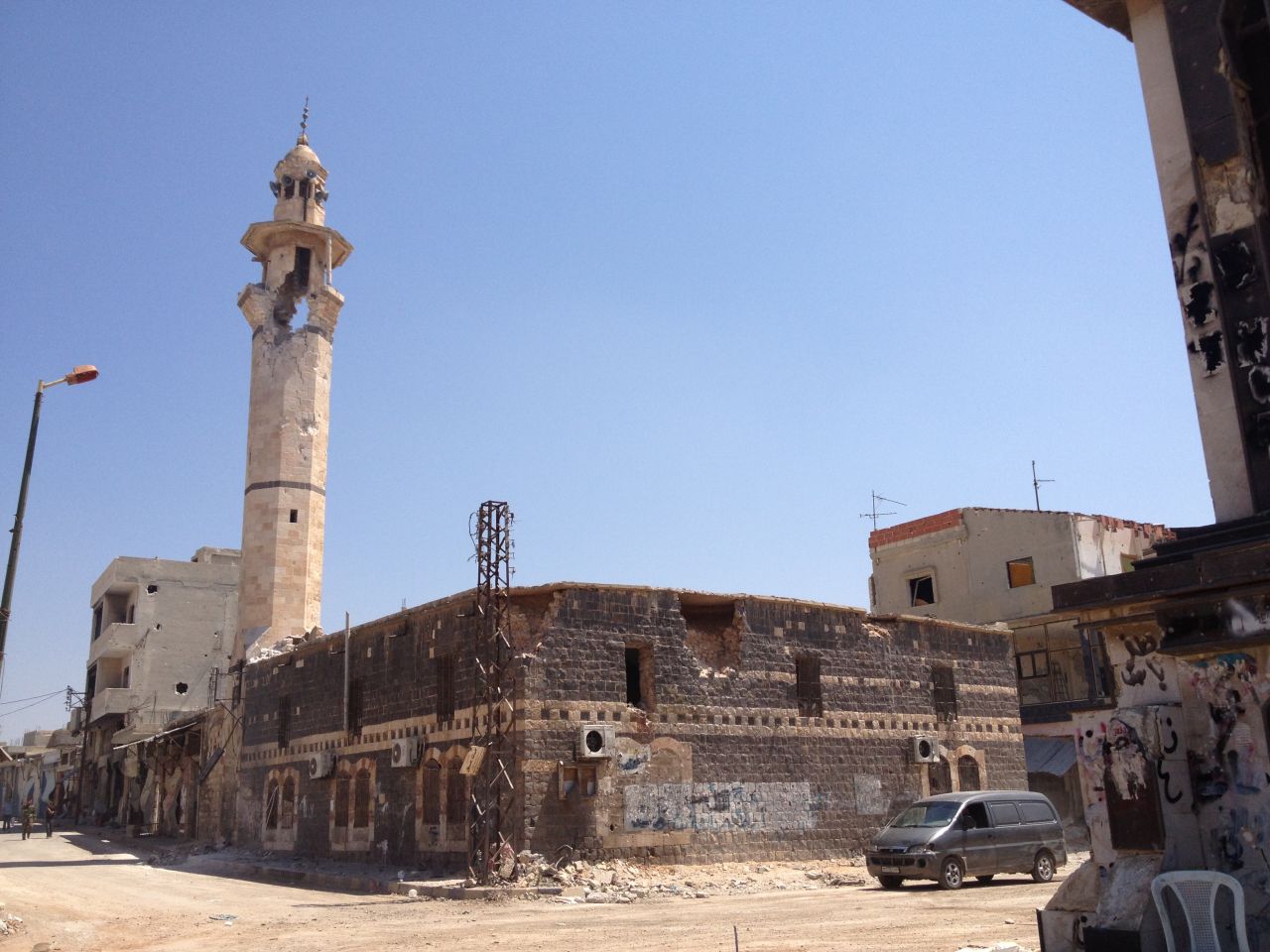 Driving through town, there wasn't a single building left unscathed. The historic mosque took several direct hits during the fighting.