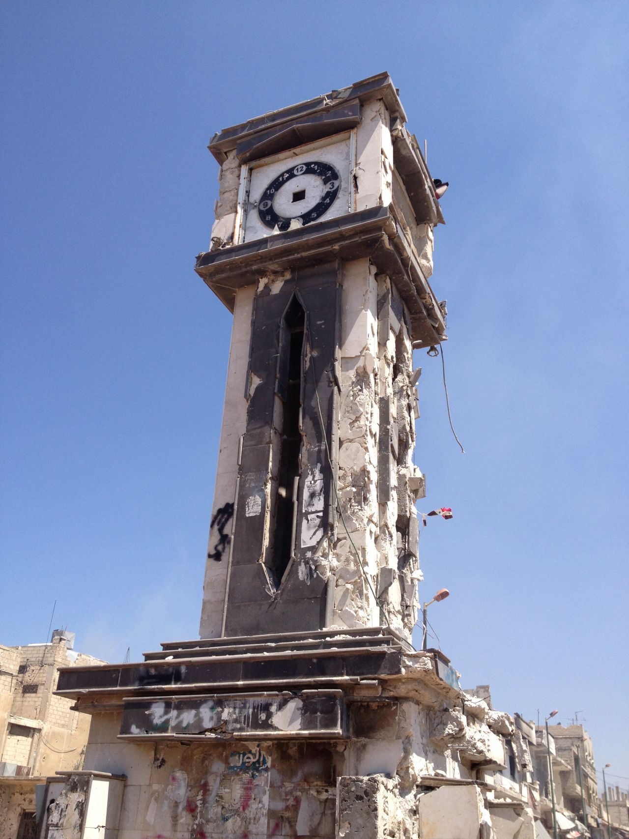 The iconic clock tower in the city's central square was also destroyed.