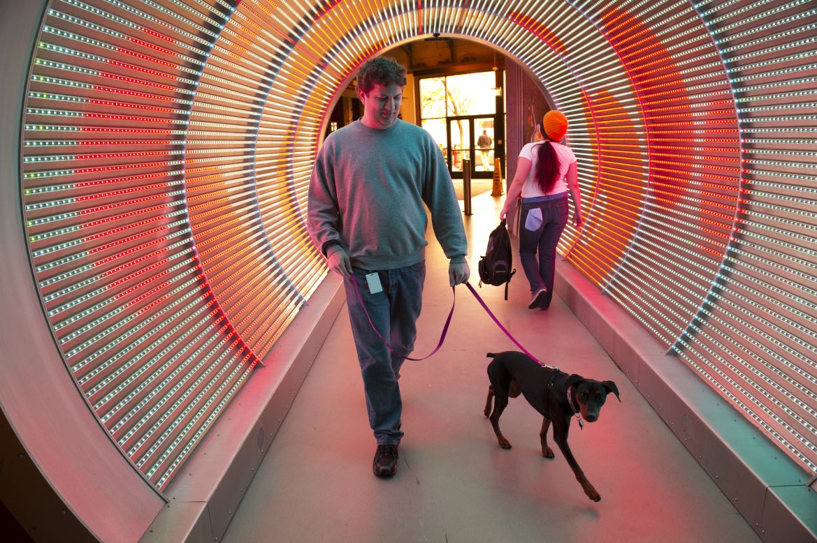 This gallery offers a look inside tech companies' striking offices: A 'time tunnel' at Zynga, featuring programmable LED lights, leads from the entrance to the office space.