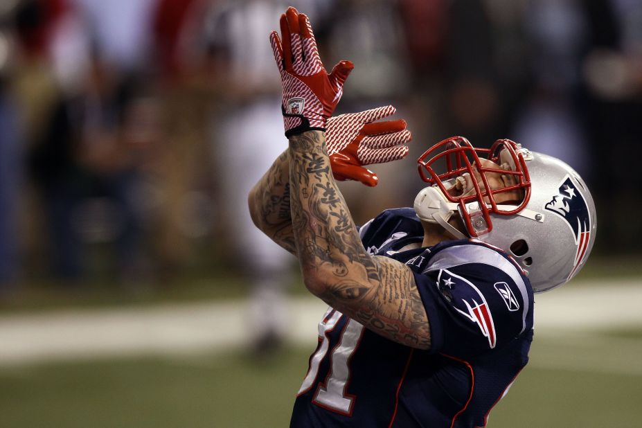 Hernandez celebrates his Super Bowl touchdown.