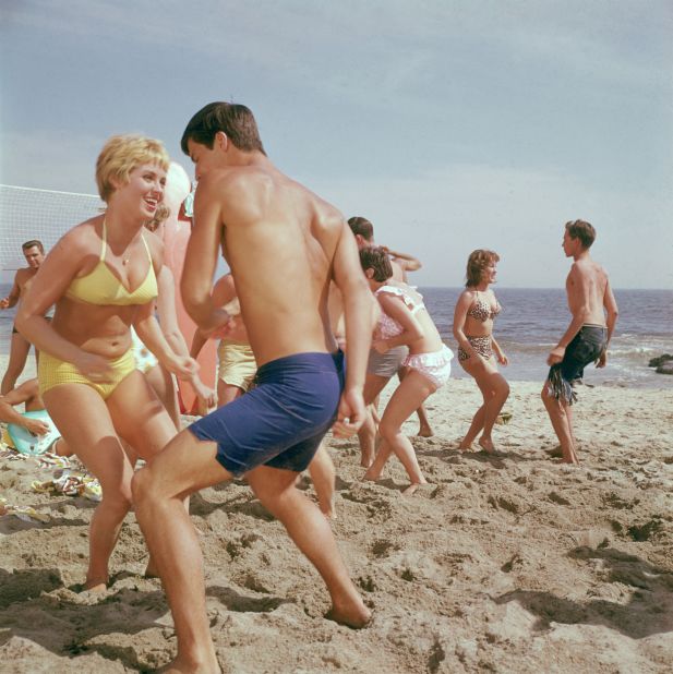 Teeny, weeny, yellow polka-dot bikinis and surfin' trunks capitalized on the California-style rock 'n' roll beach party frivolity of the early 1960s.