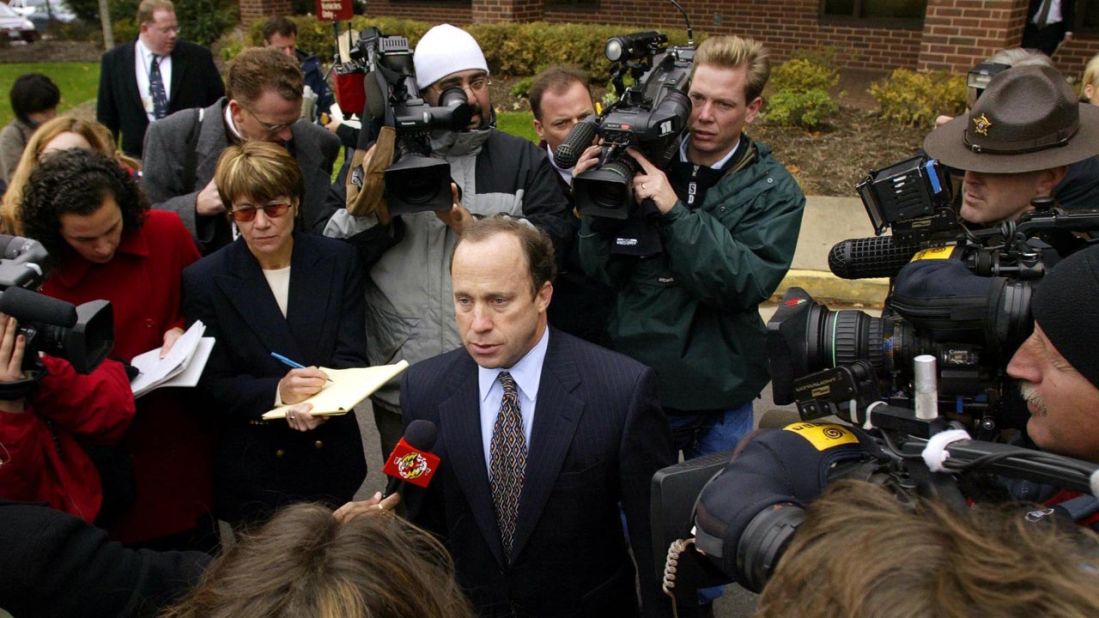 Muhammad's defense attorney Peter Greenspun updates the media outside the Prince William County Circuit Court, where Judge LeRoy F. Millette Jr. held a hearing on November 13, 2002.
