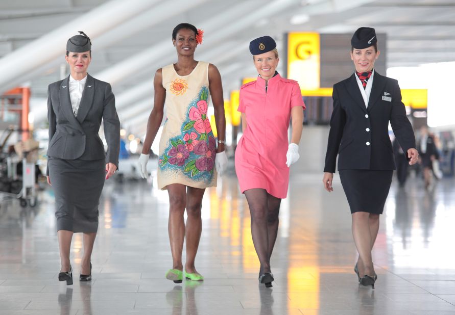 Julien Macdonald -- formerly the artistic director of French fashion house Givenchy -- redesigned the uniforms for British Airways in 2004. The outfits (depicted far right) are still the standard uniform for the carrier. Milliner Stephen Jones designed the headpieces.