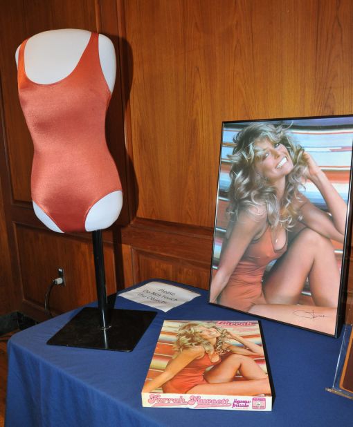 Actress Farrah Fawcett was a swimsuit icon in the 1970s. A poster of her wearing a simple rust-colored bathing suit  and a wide smile adorned many a teenager's bedroom.