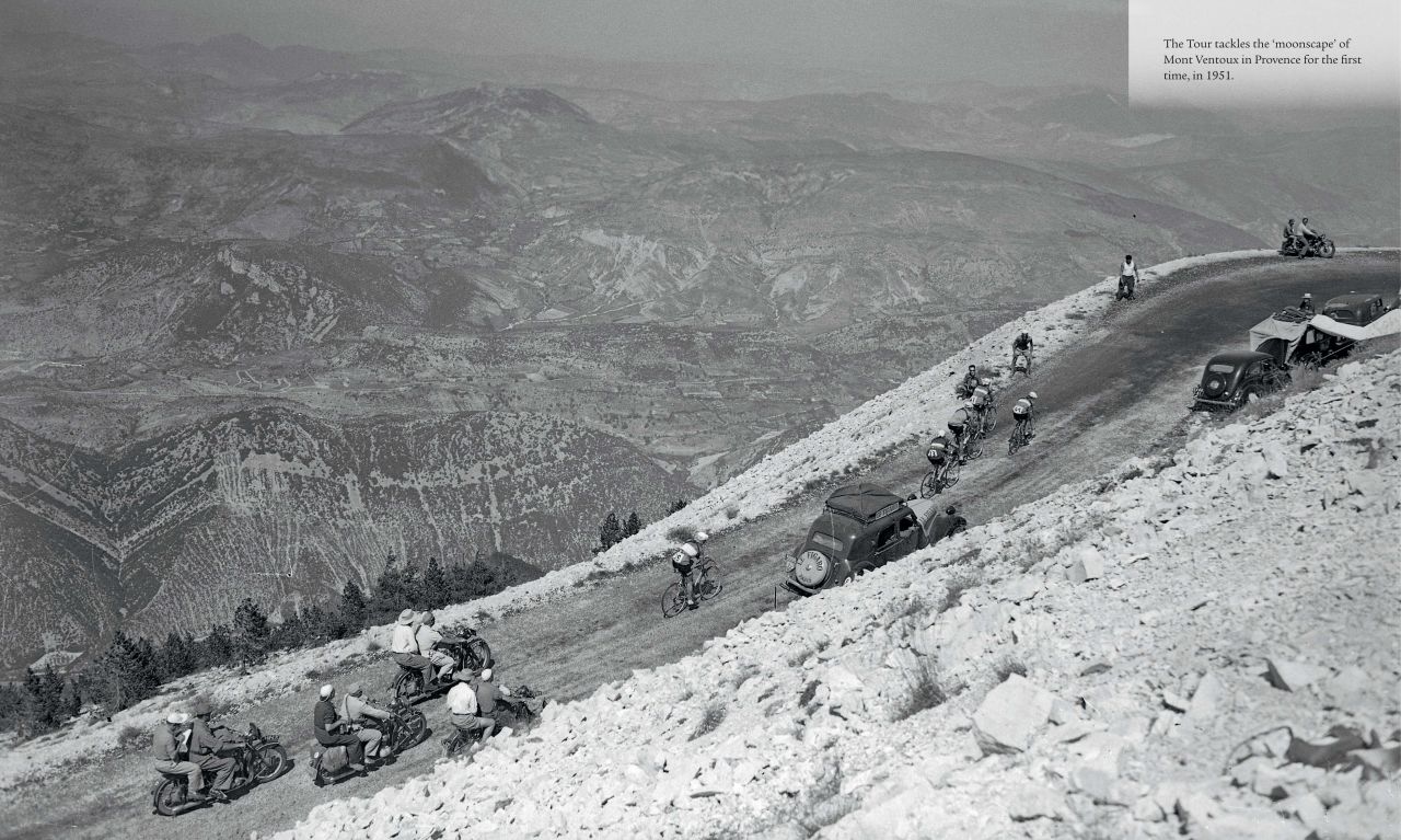 Riders tackle the infamous Mont Ventoux climb for the first time during the 1951 race.