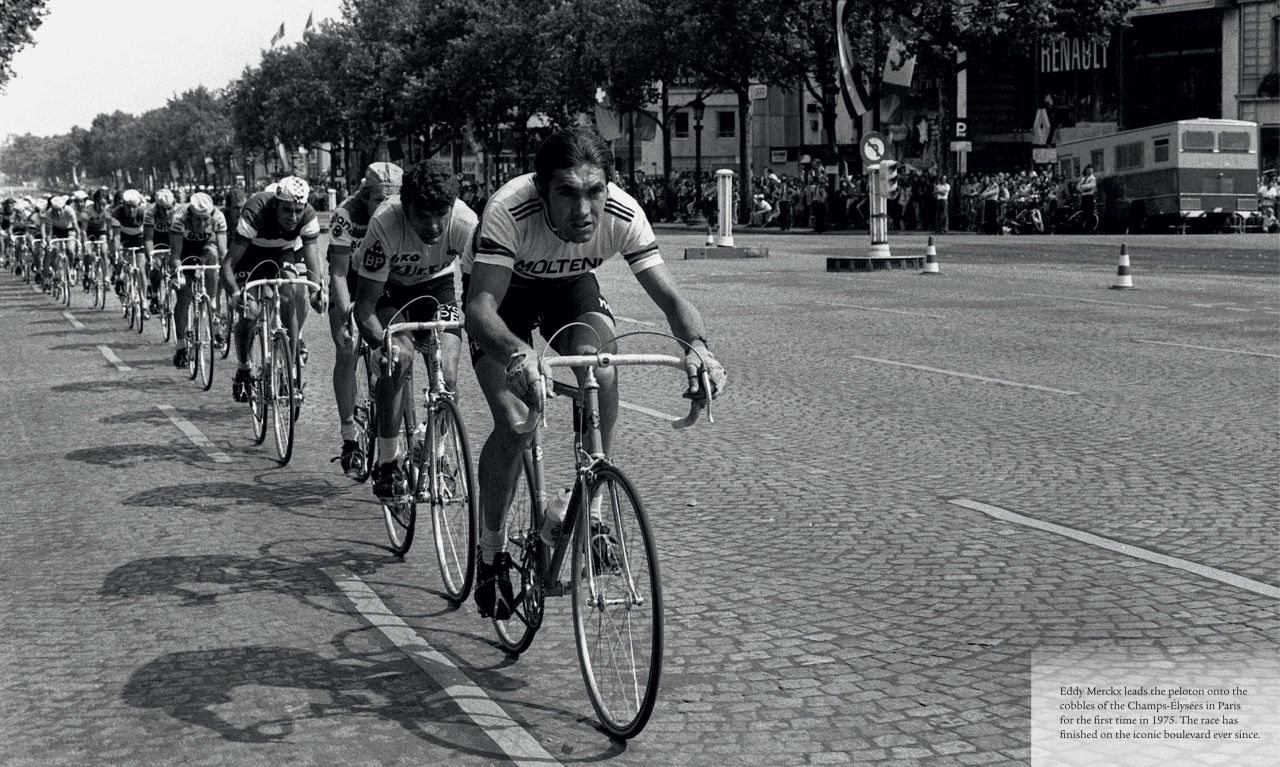 Belgian Eddy Merckx dominated the Tour de France and other major cycling races for nearly a decade -- here leading the peloton when riding on the cobbles of the Champs Elysees for the first time in 1975