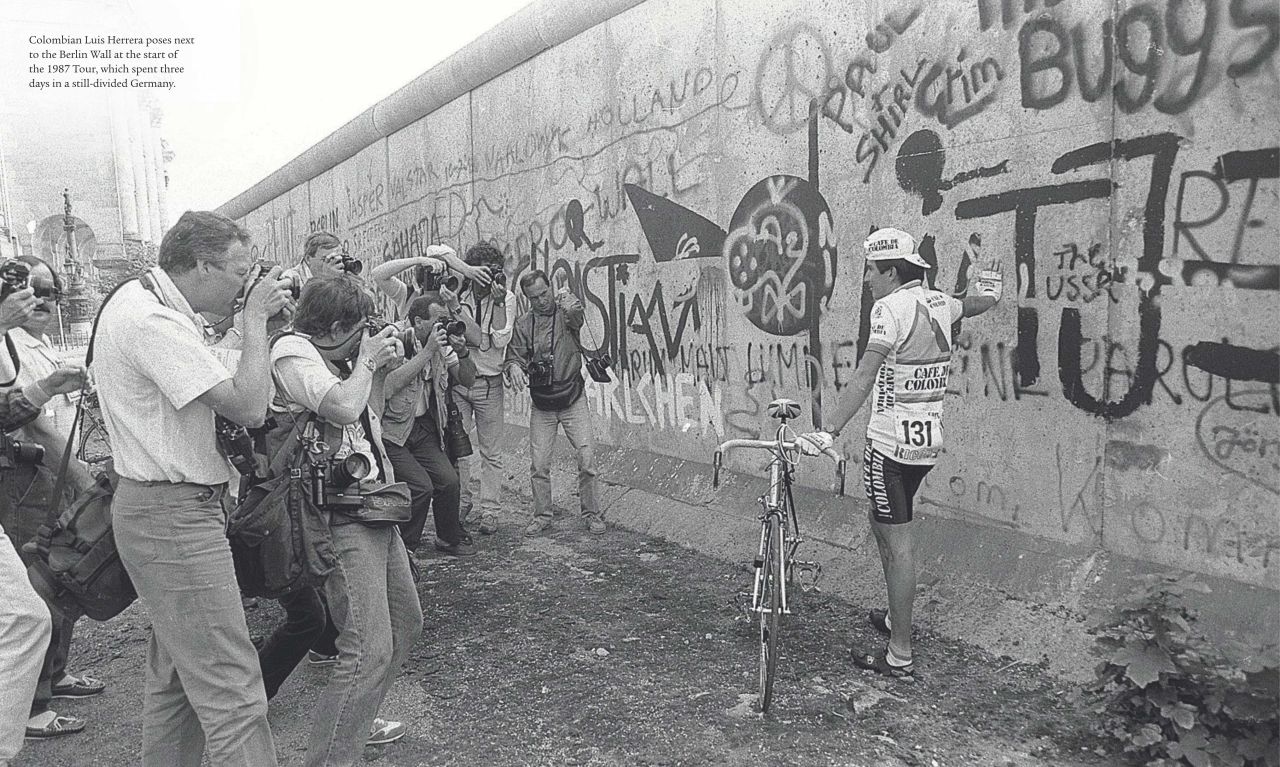 Colombian rider Luis Herrera at the Berlin Wall in 1987 as the Tour spent three days in the still divided country of Germany that year.