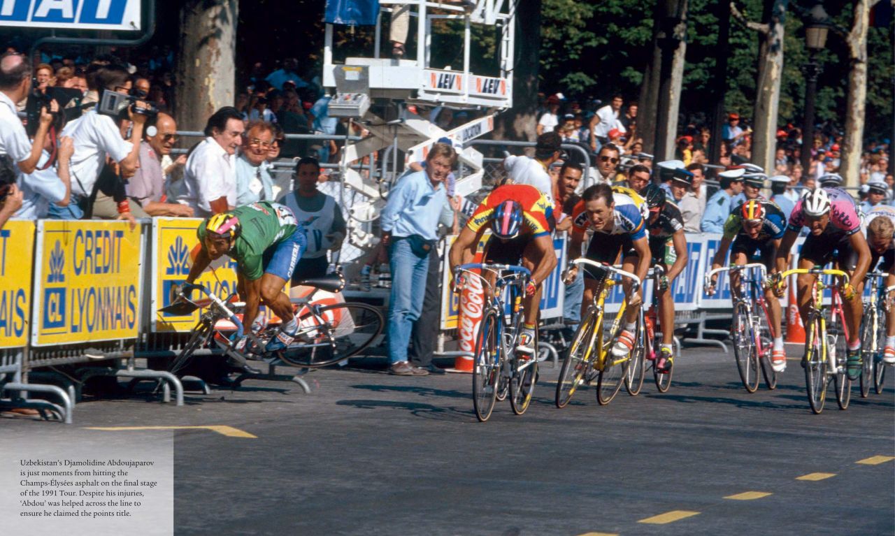 Uzbekistan's Djamolidine Abdoujaparov crashes spectacularly as he sprints for the line on the Champs Elysees in 1981. He scraped himself off the asphalt to claim the green points jersey.  