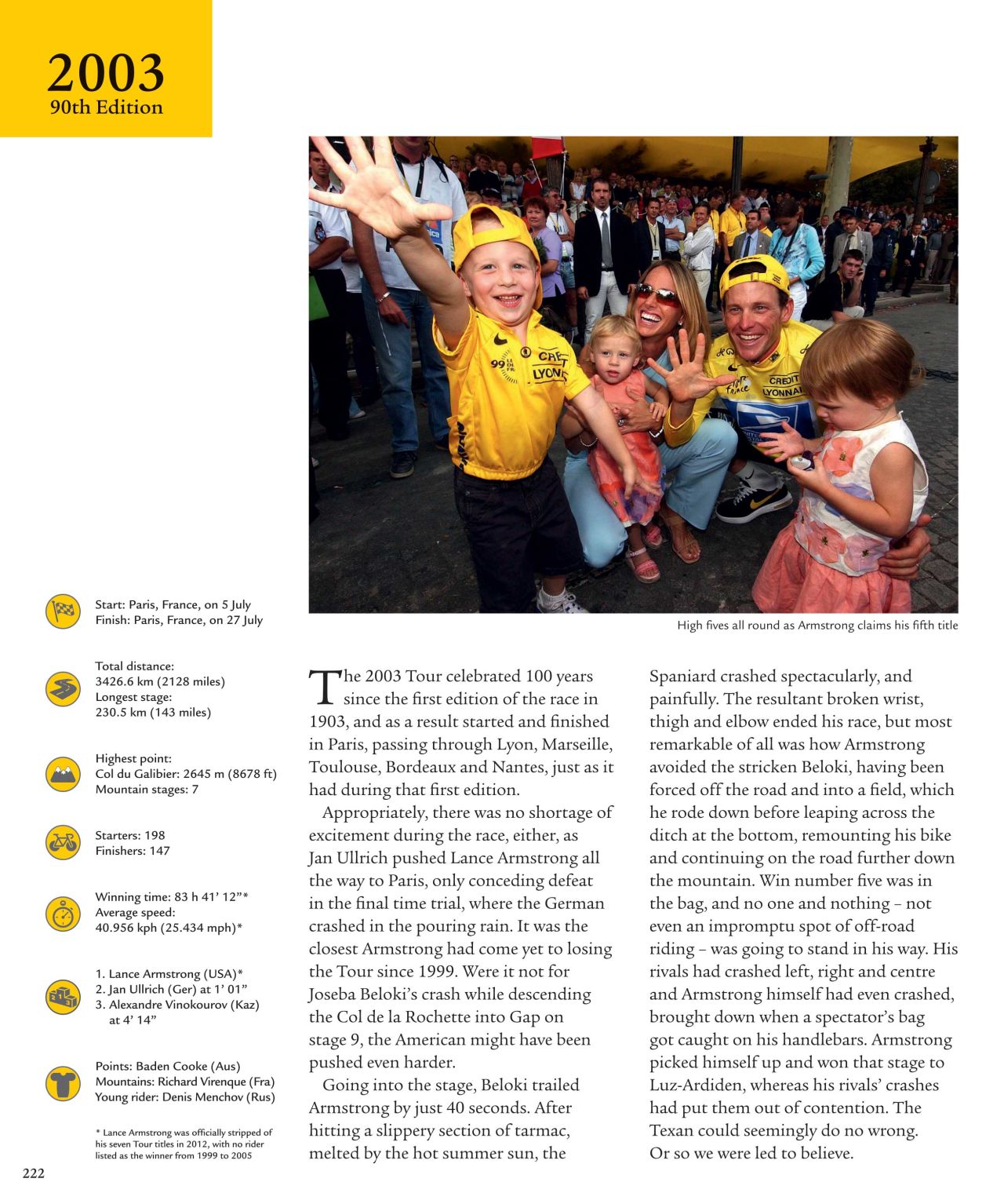 Armstrong and his family signal his fifth straight win in the Tour de France in 2003. The Texan was to eventually claim seven titles in a row, but was stripped of them in 2012 after revelations of doping emerged.