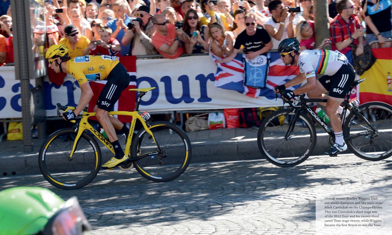 2012 winner Wiggins leads out his Sky teammate and compatriot Mark Cavendish on the Champs Elysees. Sprinting ace Cavendish went on to claim his 23rd stage win on the Tour de France.