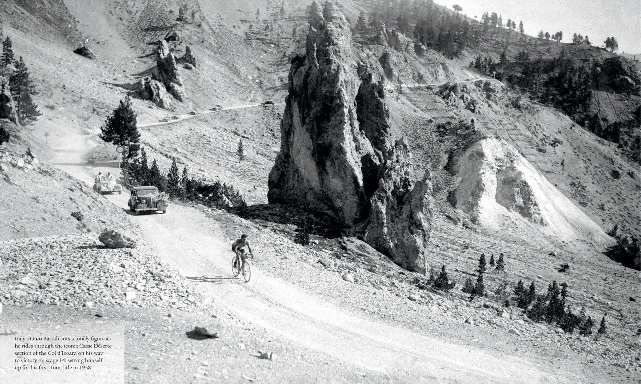 Legendary Italian rider Gino Bartali rides in splendid isolation on the Col d'Izoard on his way to victory on the 14th stage and his first overall triumph in the iconic classic. 